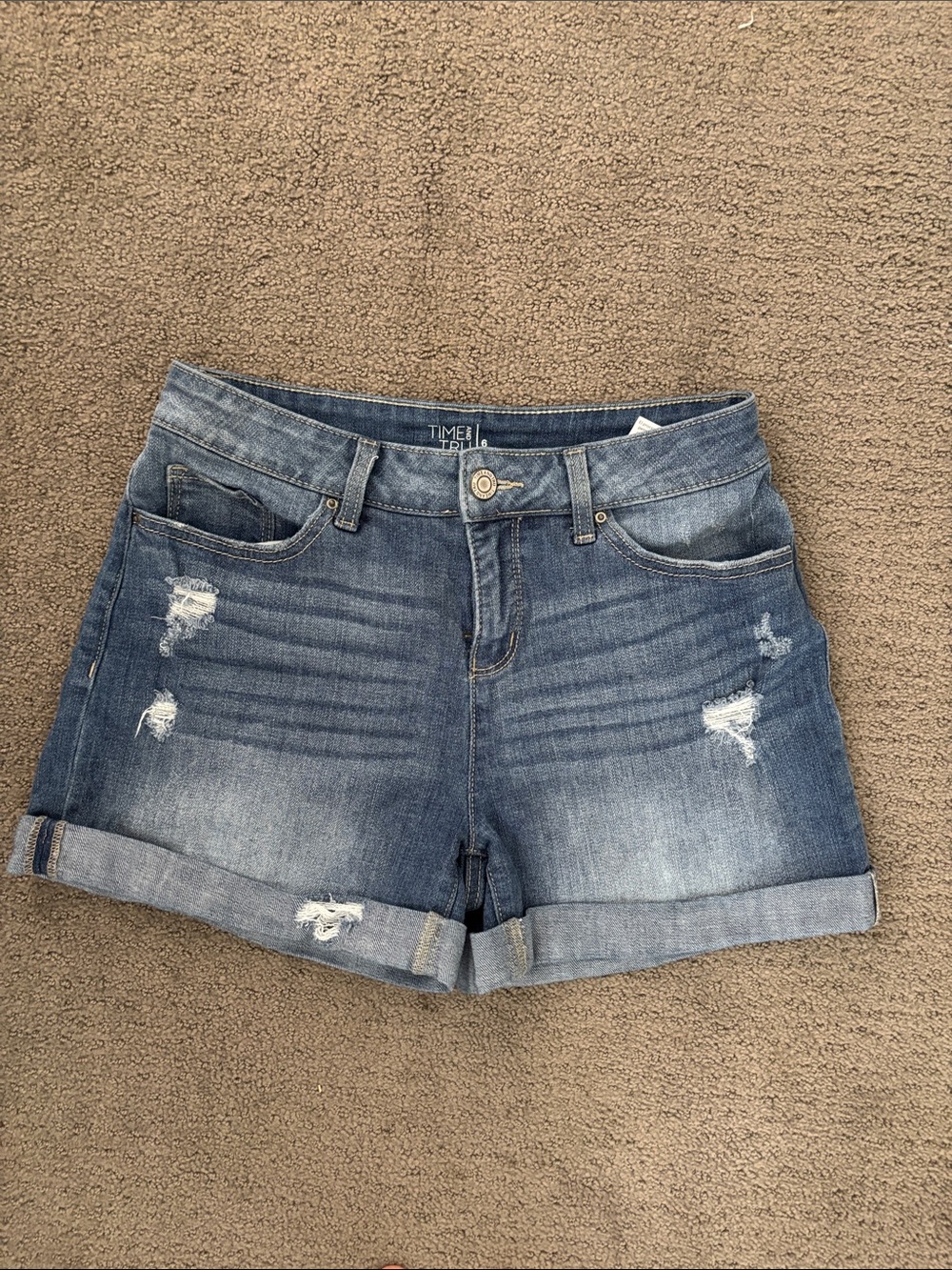 Time and Tru Blue Distressed Cuffed Denim Shorts